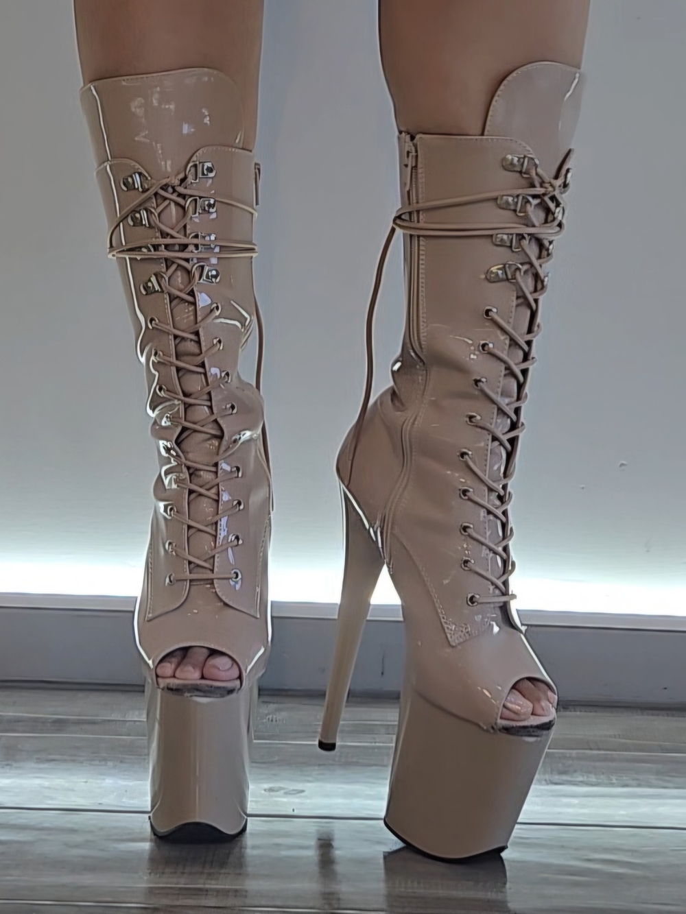 PLEASER Peep-toe Lace-up Platform Boots in Beige Patent Faux Leather Women's 7
